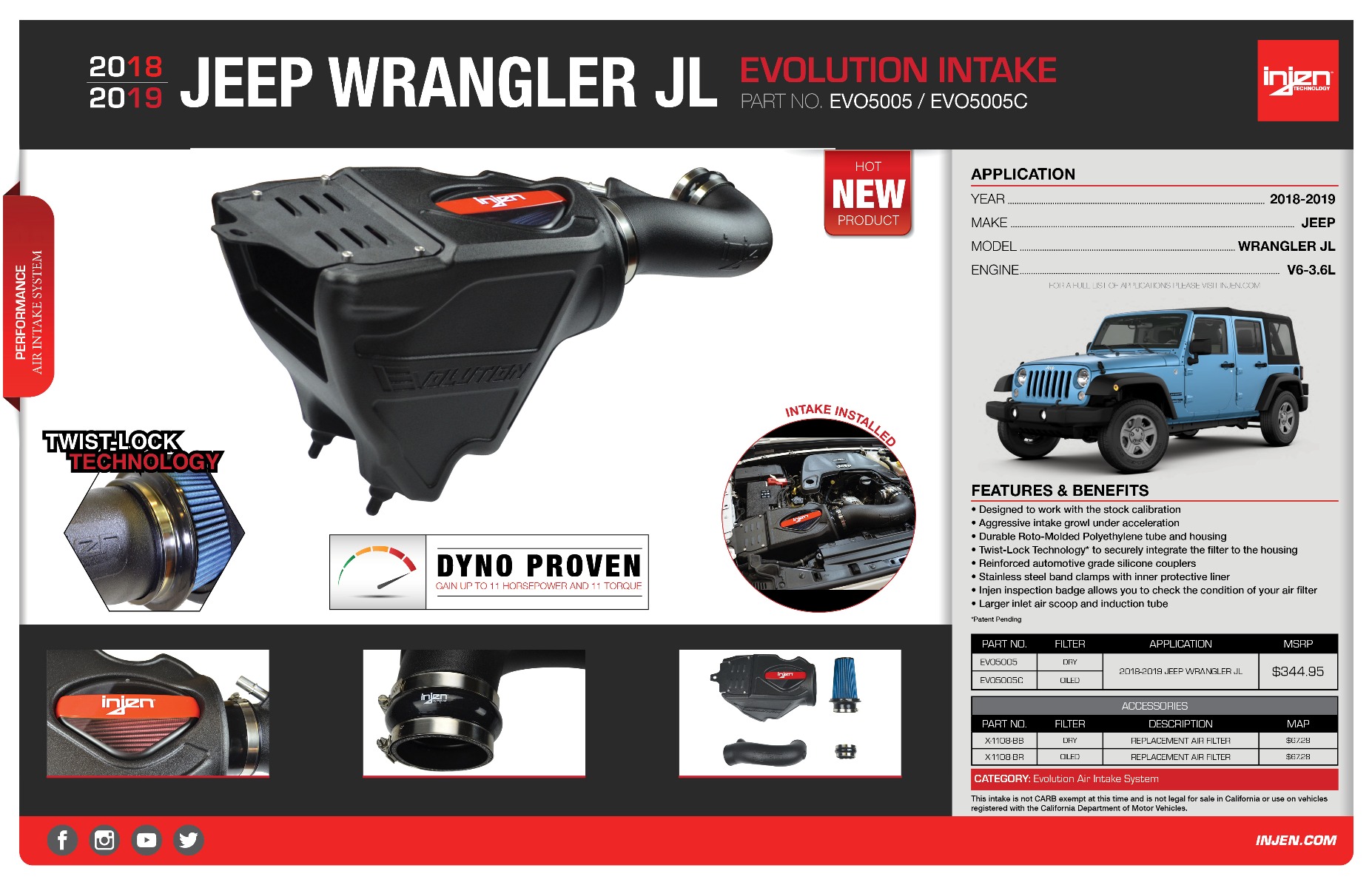Check out the new Injen Evolution Roto-Molded Air Intake System for the  2018-2019 Jeep Wrangler JL V6 